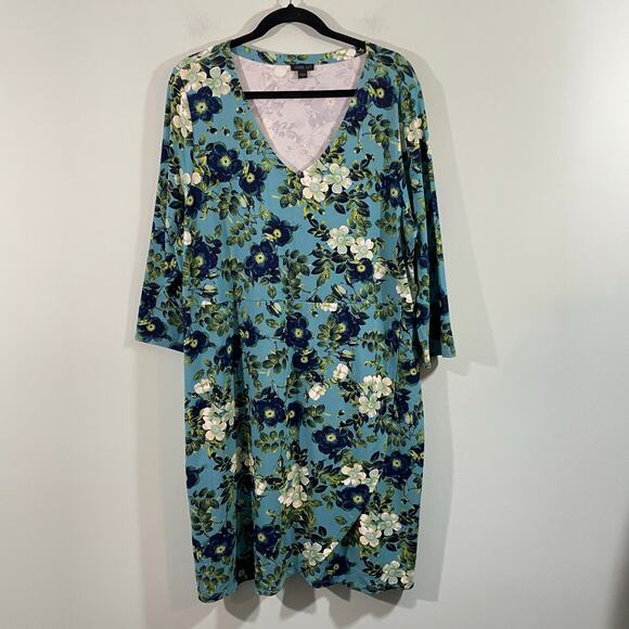 J Jill Wearever Collection Floral V-neck Q Sleeve Stretchy Sheath Dress Sz XL - Picture 1 of 9